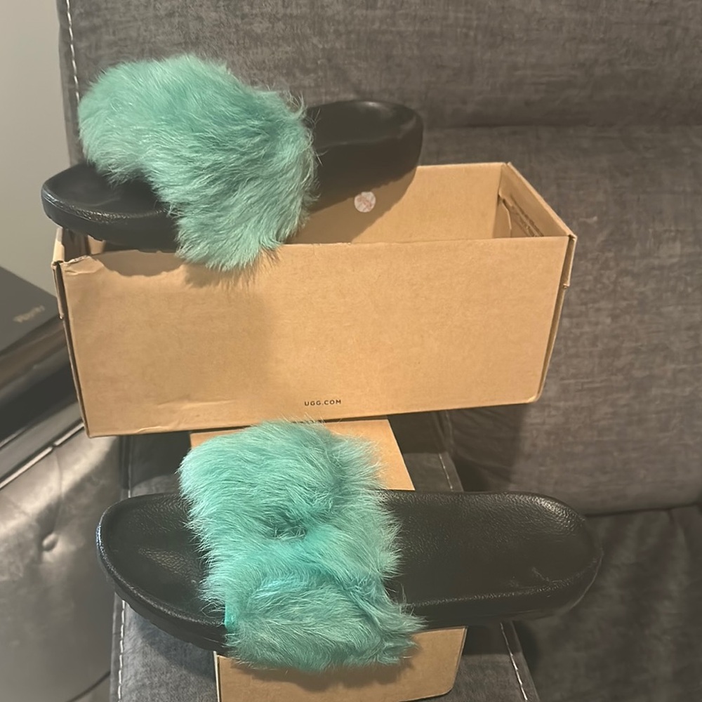 UGG Fluffy Slide Sandals in Teal - Picture 2 of 3